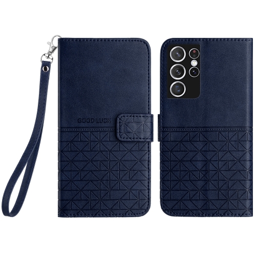 

For Samsung Galaxy S21 Ultra 5G Rhombic Texture Leather Phone Case with Lanyard(Blue)