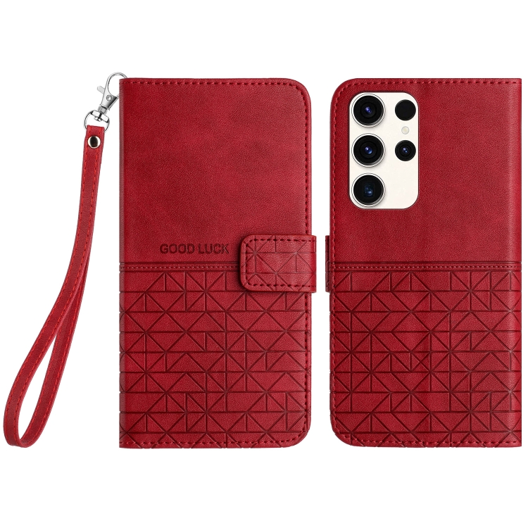

For Samsung Galaxy S22 Ultra 5G Rhombic Texture Leather Phone Case with Lanyard(Red)