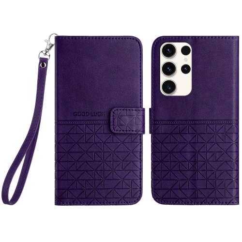 

For Samsung Galaxy S22 Ultra 5G Rhombic Texture Leather Phone Case with Lanyard(Purple)