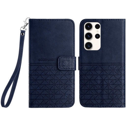 

For Samsung Galaxy S22 Ultra 5G Rhombic Texture Leather Phone Case with Lanyard(Blue)