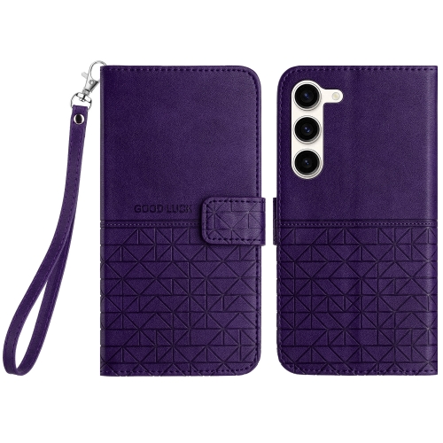 judge hammer wooden gavel judge hammer educational tool pounding mallet with base For Samsung Galaxy S23+ 5G Rhombic Texture Leather Phone Case with Lanyard(Purple)