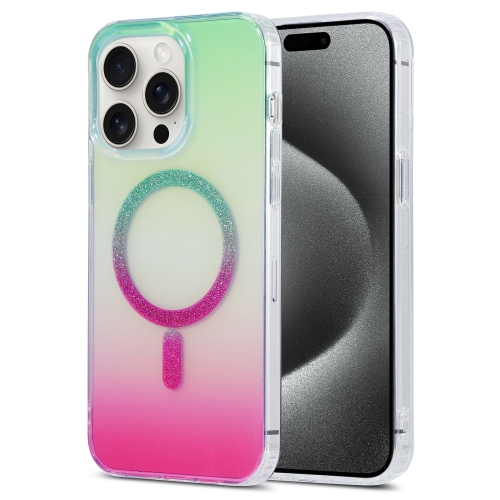 For iPhone 15 Pro Max Magic Diamond Blu-ray MagSafe Phone Case(Green Rose Gradient) extra large diamond storage box shockproof
