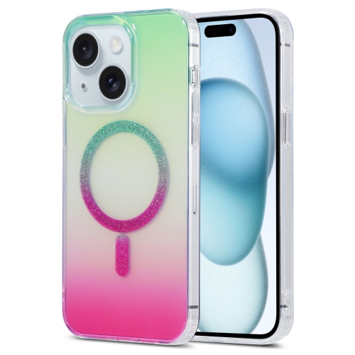

For iPhone 15 Plus Magic Diamond Blu-ray MagSafe Phone Case(Green Rose Gradient)