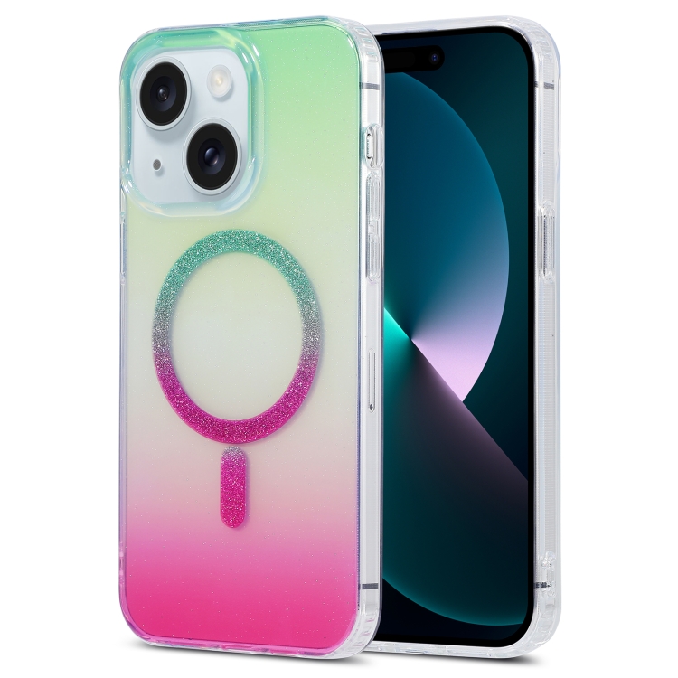 

For iPhone 13 Magic Diamond Blu-ray MagSafe Phone Case(Green Rose Gradient)