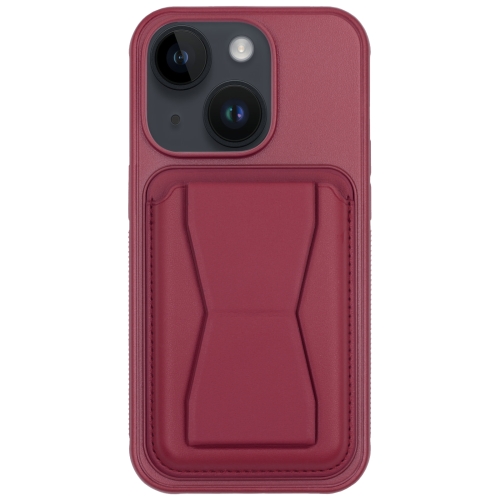 For iPhone 15 Leather Card Holder TPU Phone Case(Wine Red) for iphone 15 plus fierre shann oil wax cow leather card holder back phone case green