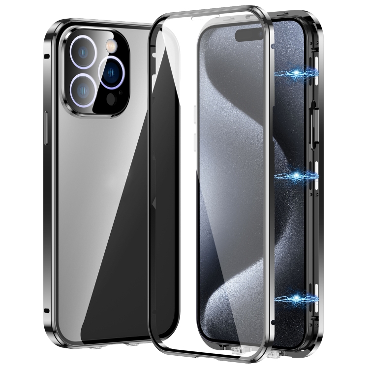 

For iPhone 15 Pro Max Magnetic Double-buckle HD Tempered Glass Phone Case(Black)