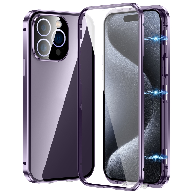 

For iPhone 15 Pro Max Magnetic Double-buckle HD Tempered Glass Phone Case(Purple)