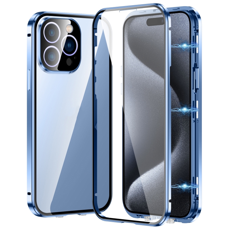 

For iPhone 15 Pro Magnetic Double-buckle HD Tempered Glass Phone Case(Blue)