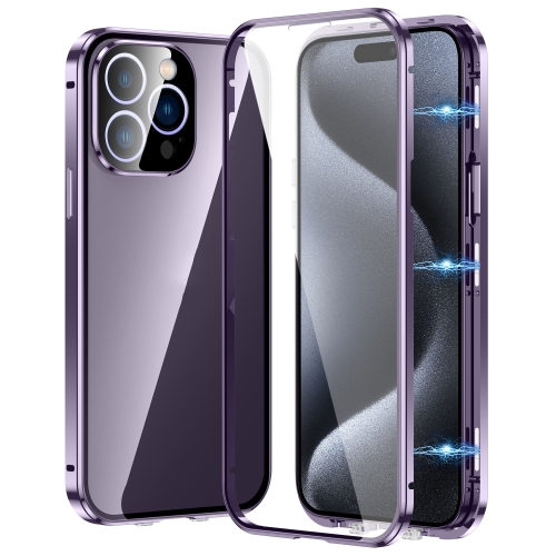 

For iPhone 15 Pro Magnetic Double-buckle HD Tempered Glass Phone Case(Purple)