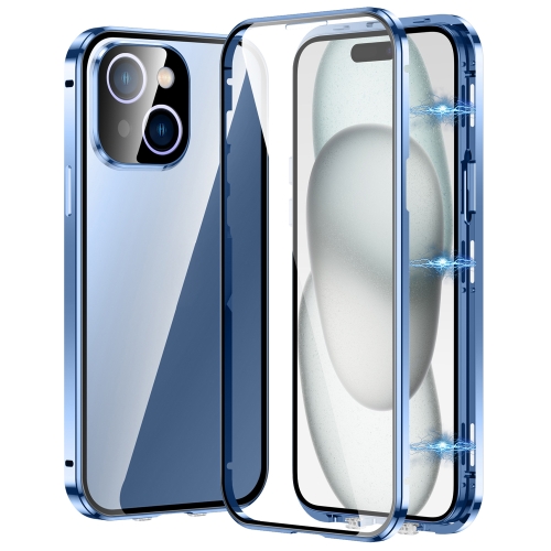 

For iPhone 15 Plus Magnetic Double-buckle HD Tempered Glass Phone Case(Blue)