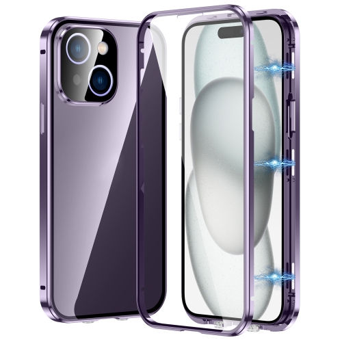 

For iPhone 15 Plus Magnetic Double-buckle HD Tempered Glass Phone Case(Purple)