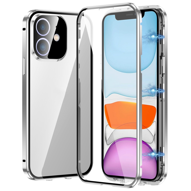 

For iPhone 11 Magnetic Double-buckle HD Tempered Glass Phone Case(Silver)
