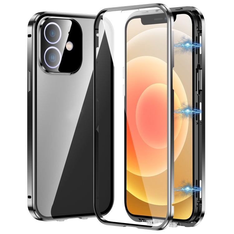 

For iPhone 12 Magnetic Double-buckle HD Tempered Glass Phone Case(Black)