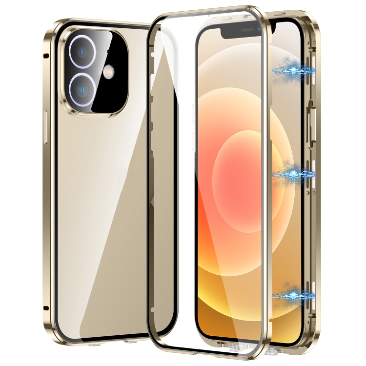 

For iPhone 12 Magnetic Double-buckle HD Tempered Glass Phone Case(Gold)