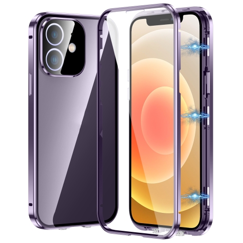 

For iPhone 12 Magnetic Double-buckle HD Tempered Glass Phone Case(Purple)
