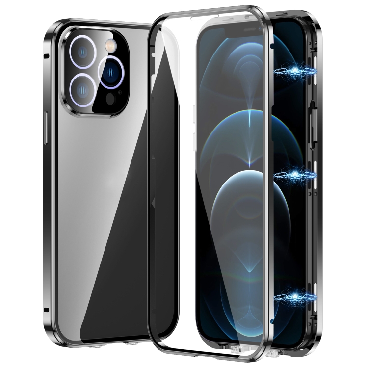 

For iPhone 12 Pro Magnetic Double-buckle HD Tempered Glass Phone Case(Black)
