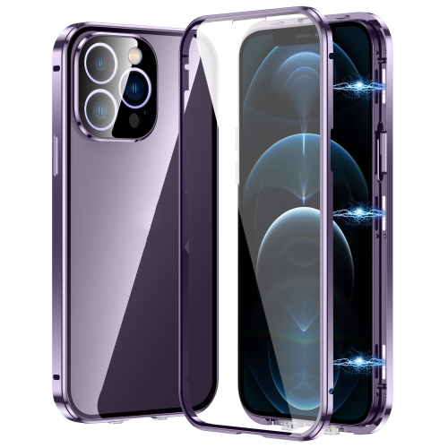 

For iPhone 12 Pro Max Magnetic Double-buckle HD Tempered Glass Phone Case(Purple)
