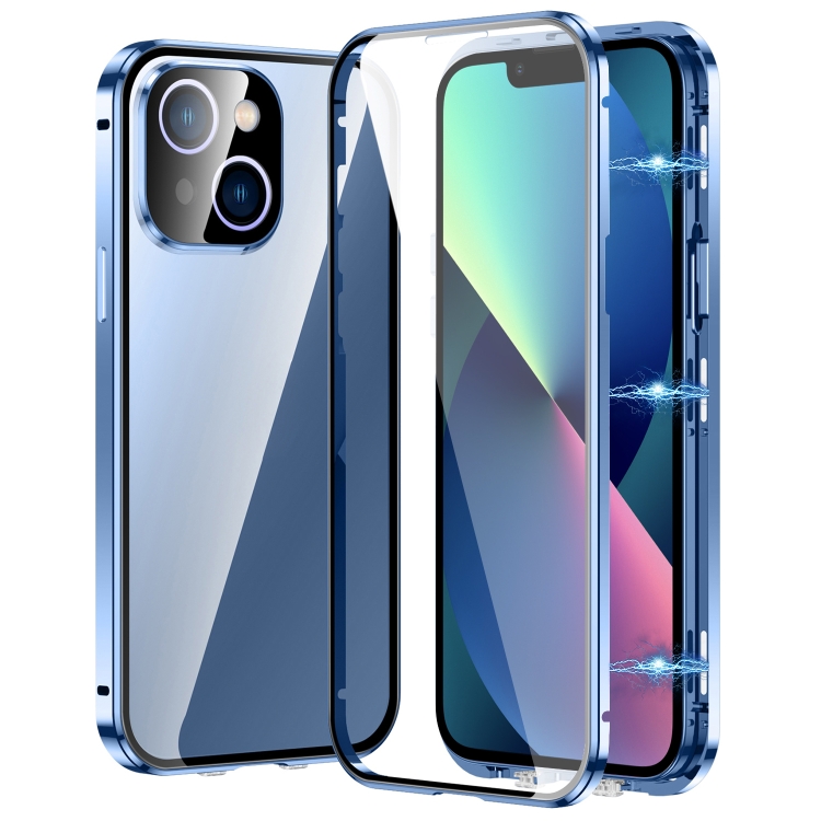 

For iPhone 13 Magnetic Double-buckle HD Tempered Glass Phone Case(Blue)
