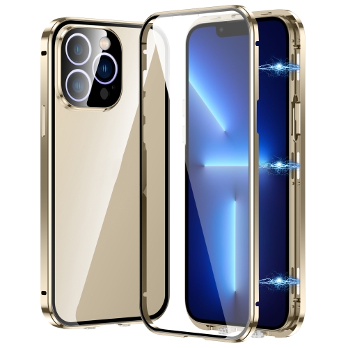 

For iPhone 13 Pro Magnetic Double-buckle HD Tempered Glass Phone Case(Gold)