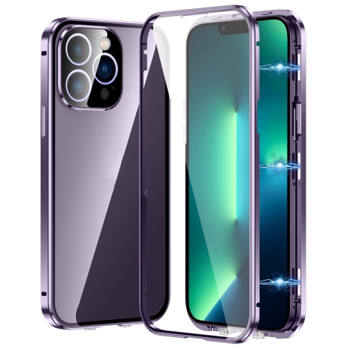 

For iPhone 13 Pro Max Magnetic Double-buckle HD Tempered Glass Phone Case(Purple)