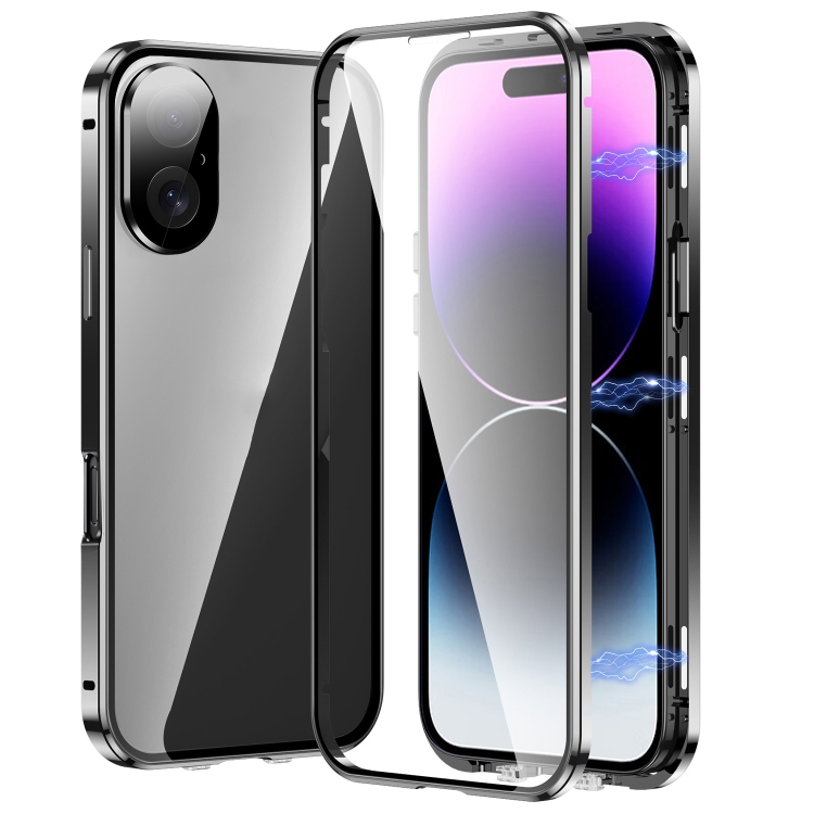 

For iPhone 16 Plus Magnetic Double-buckle HD Tempered Glass Phone Case(Black)