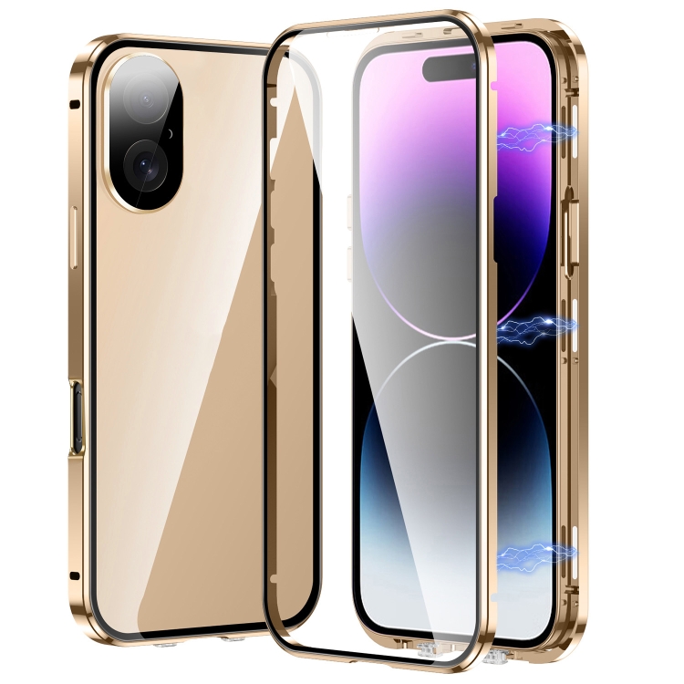 

For iPhone 16 Plus Magnetic Double-buckle HD Tempered Glass Phone Case(Gold)