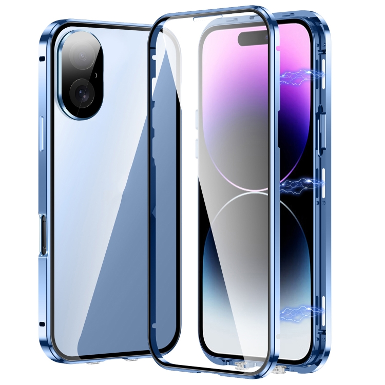 

For iPhone 16 Plus Magnetic Double-buckle HD Tempered Glass Phone Case(Blue)