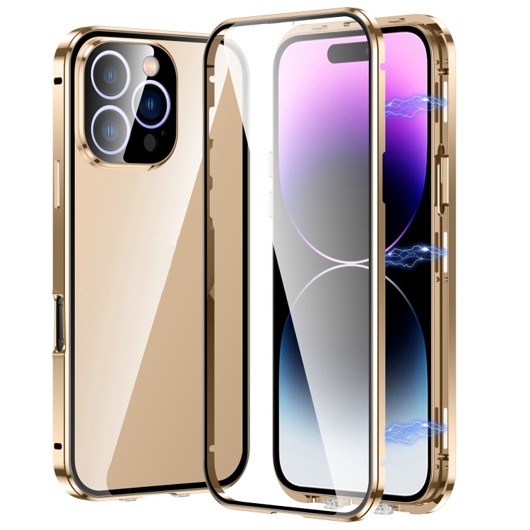 

For iPhone 16 Pro Magnetic Double-buckle HD Tempered Glass Phone Case(Gold)