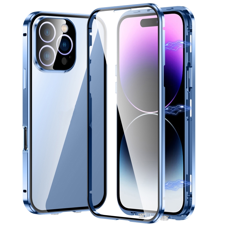 

For iPhone 16 Pro Magnetic Double-buckle HD Tempered Glass Phone Case(Blue)