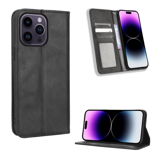 

For iPhone 15 Pro Max Magnetic Buckle Retro Texture Leather Phone Case(Black)