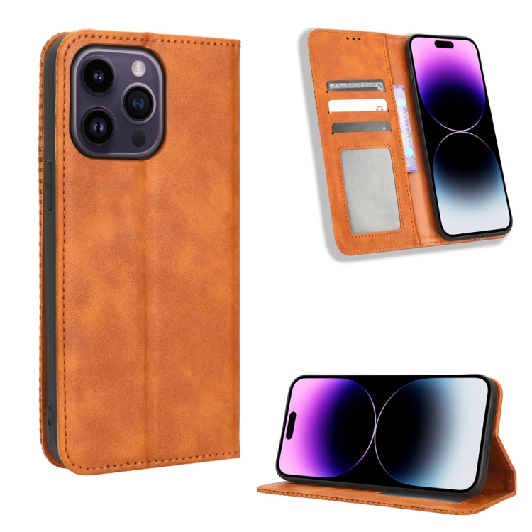 

For iPhone 15 Pro Magnetic Buckle Retro Texture Leather Phone Case(Brown)