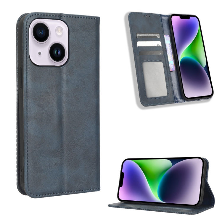 

For iPhone 15 Plus Magnetic Buckle Retro Texture Leather Phone Case(Blue)