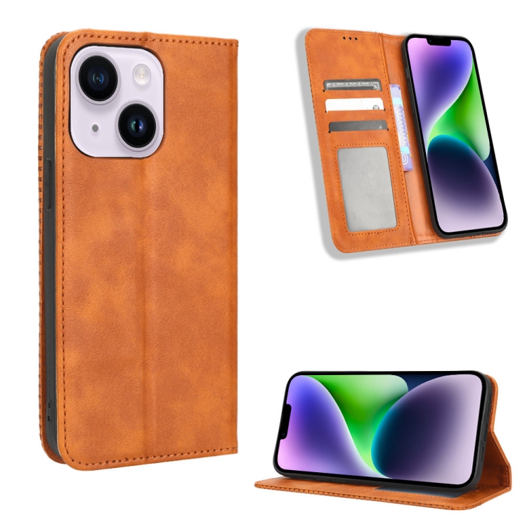 

For iPhone 15 Magnetic Buckle Retro Texture Leather Phone Case(Brown)