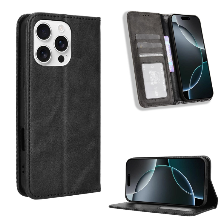 

For iPhone 16 Pro Magnetic Buckle Retro Texture Leather Phone Case(Black)