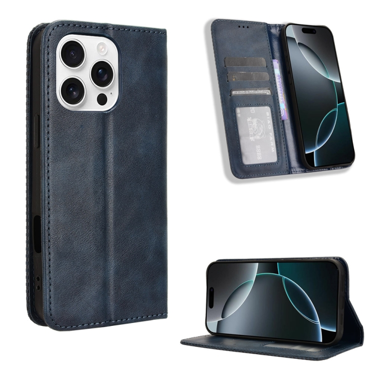 

For iPhone 16 Pro Magnetic Buckle Retro Texture Leather Phone Case(Blue)