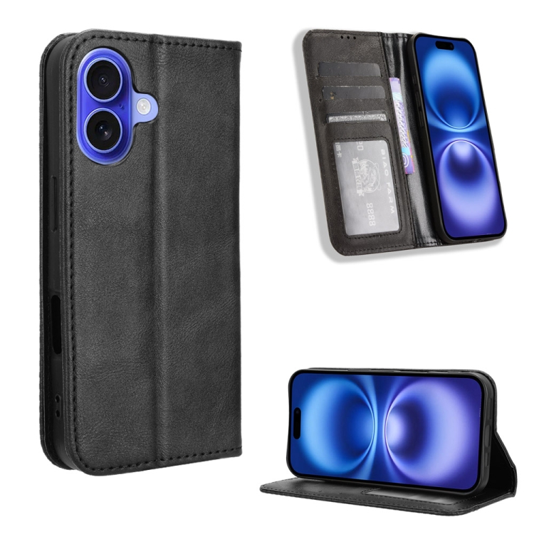 

For iPhone 16 Plus Magnetic Buckle Retro Texture Leather Phone Case(Black)