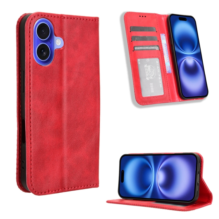 

For iPhone 16 Magnetic Buckle Retro Texture Leather Phone Case(Red)