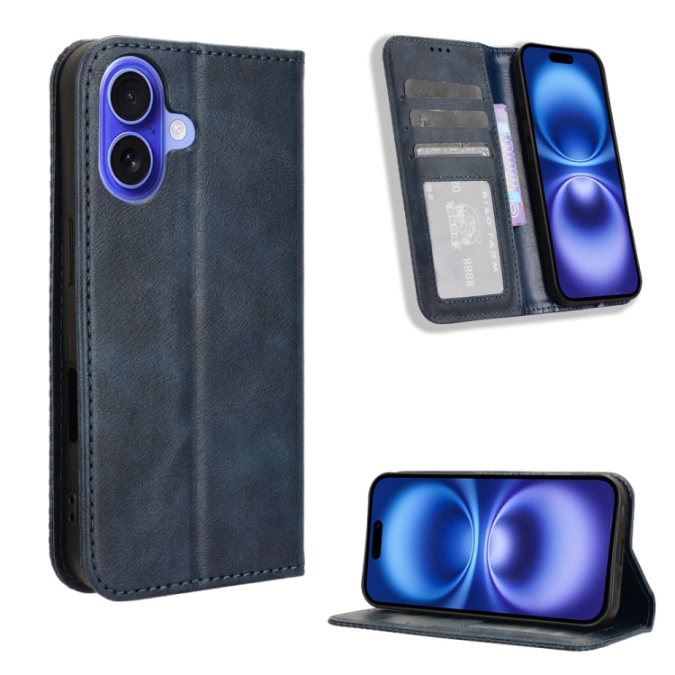 

For iPhone 16 Magnetic Buckle Retro Texture Leather Phone Case(Blue)