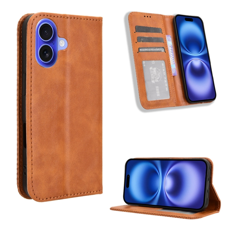 

For iPhone 16 Magnetic Buckle Retro Texture Leather Phone Case(Brown)