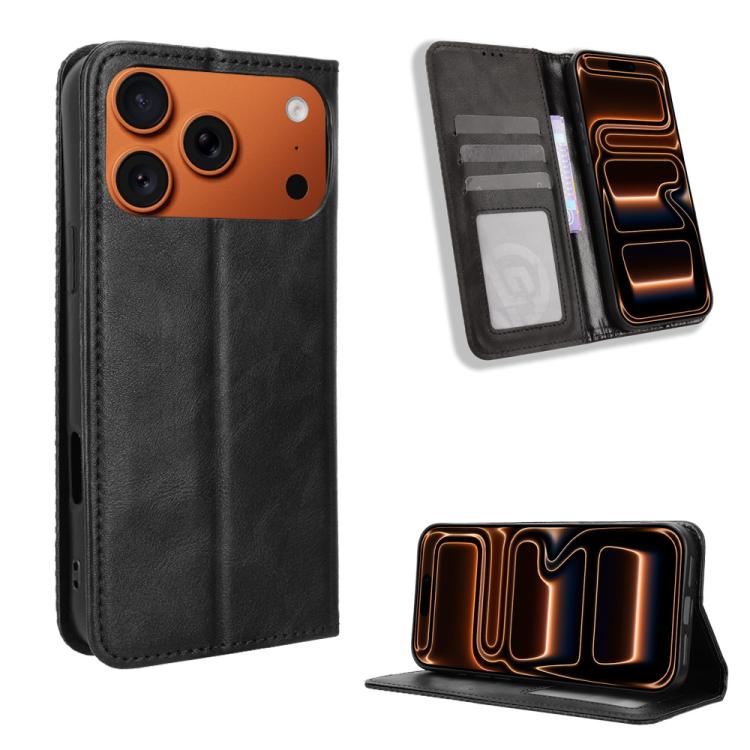 

For iPhone 17 Pro Max Magnetic Buckle Retro Texture Leather Phone Case(Black)
