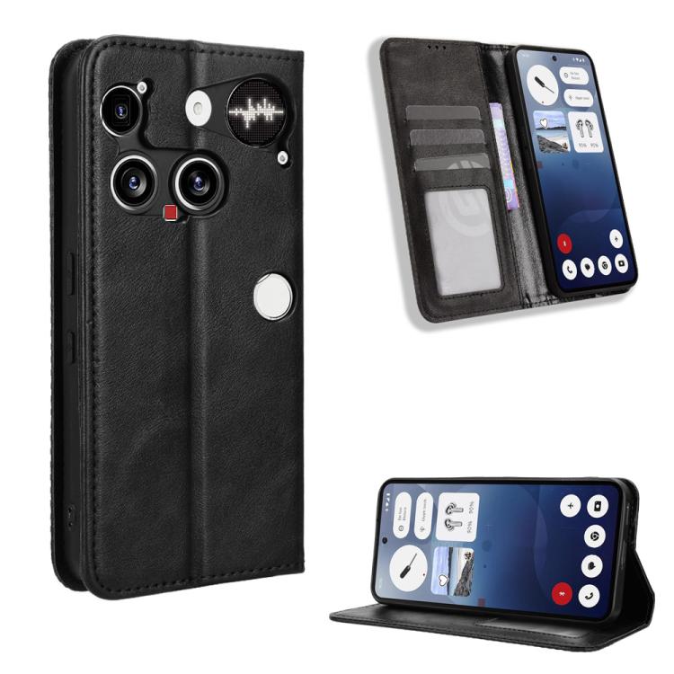 

For Nothing Phone 3 Magnetic Buckle Retro Texture Leather Phone Case(Black)