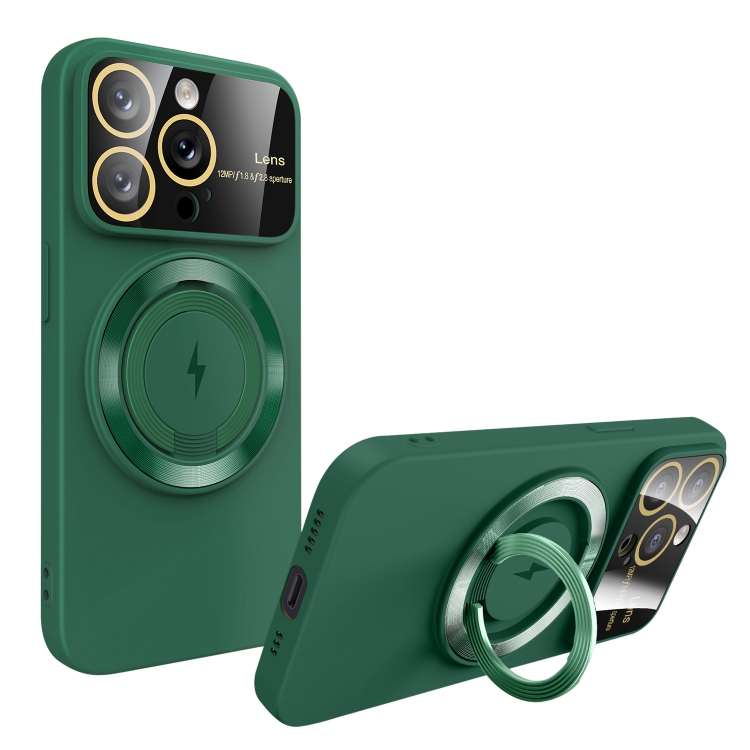 

For iPhone 15 Pro Large Window MagSafe Magnetic Holder Phone Case(Dark Green)