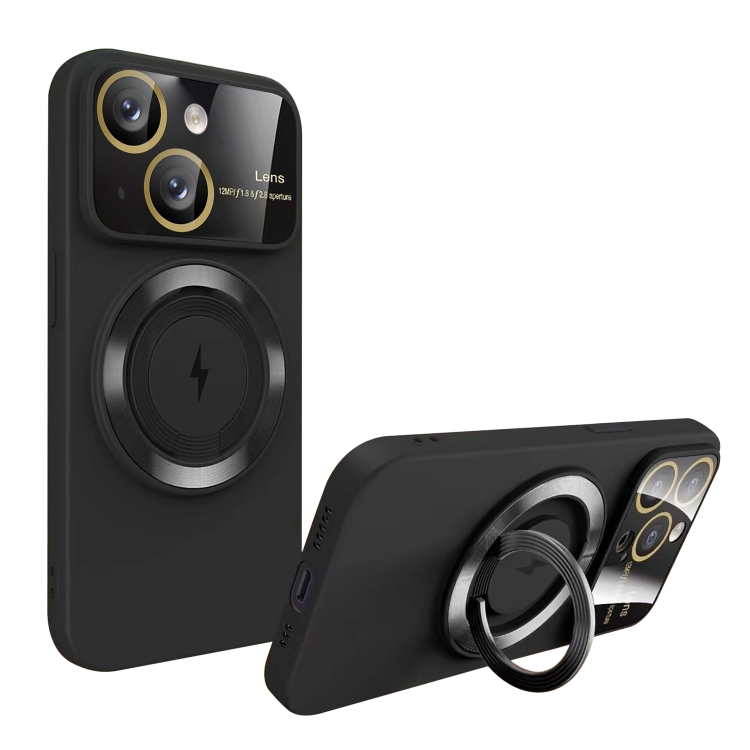 

For iPhone 15 Large Window MagSafe Magnetic Holder Phone Case(Black)