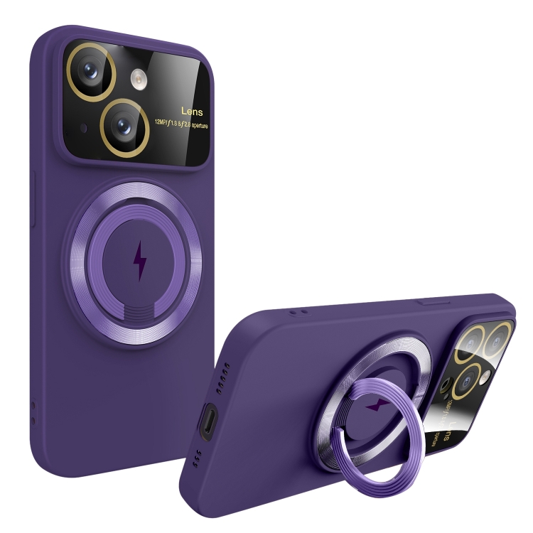 

For iPhone 14 Plus Large Window MagSafe Magnetic Holder Phone Case(Dark Purple)