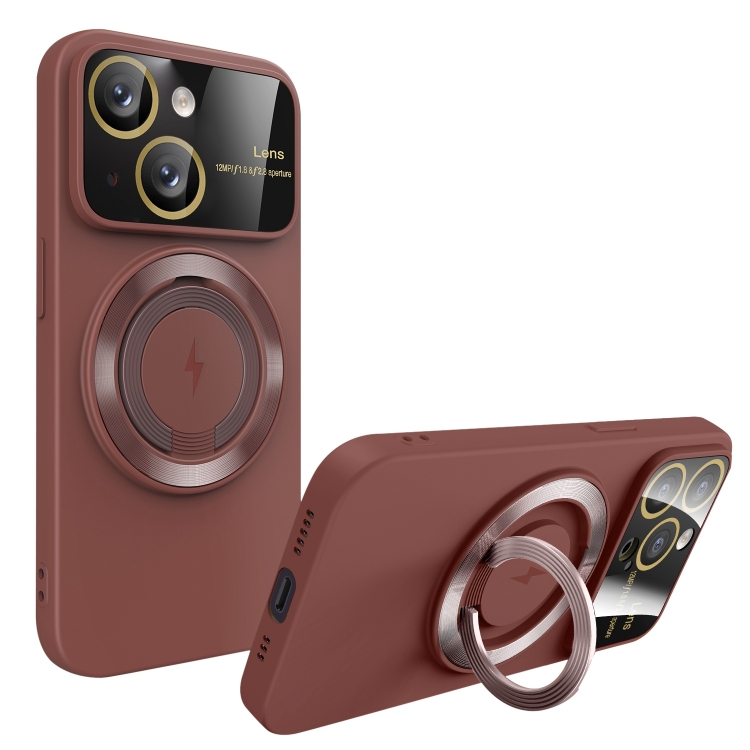 

For iPhone 14 Large Window MagSafe Magnetic Holder Phone Case(Claret Red)