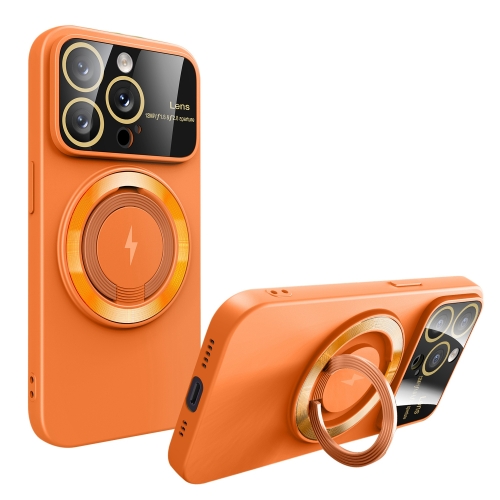 

For iPhone 12 Pro Max Large Window MagSafe Magnetic Holder Phone Case(Orange)