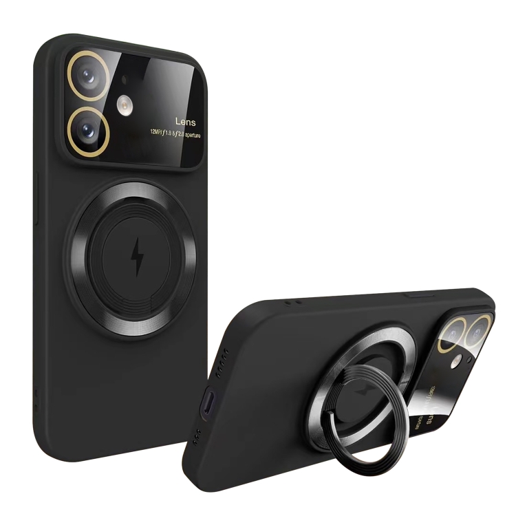 

For iPhone 12 Large Window MagSafe Magnetic Holder Phone Case(Black)