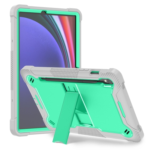 For Samsung Galaxy Tab S9 Shockproof Silicone Hybrid PC Tablet Case with Holder(Mint Green + Grey)