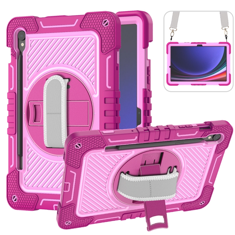 

For Samsung Galaxy Tab S9 360 Degree Rotation PC Contrast Silicone Tablet Case(Rose Red + Pink)