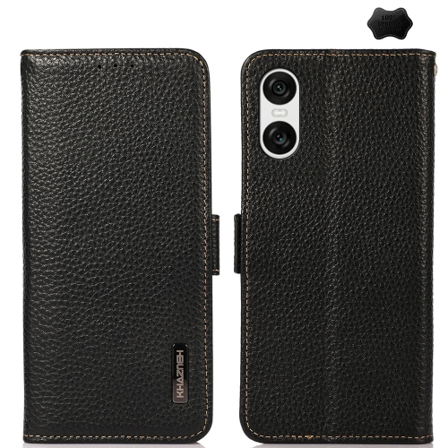 

For Sony Xperia 10 VI KHAZNEH Side-Magnetic Litchi Genuine Leather RFID Case(Black)